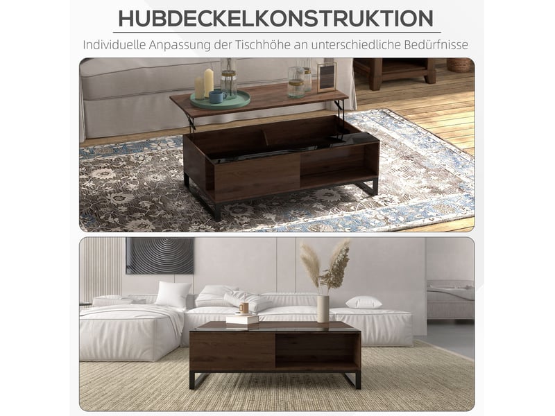 Table basse relevable avec 2 niches de rangement et étagère, pour salon, en bois et verre, noyer et noir - Conforama E