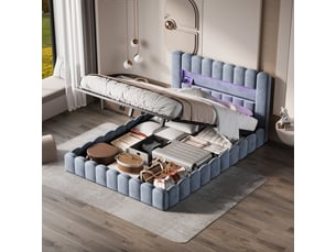 Lit coffre 2 places 180x200 cm, lit adulte avec rangement, compartiment, led, design simple, port usb, velours gris