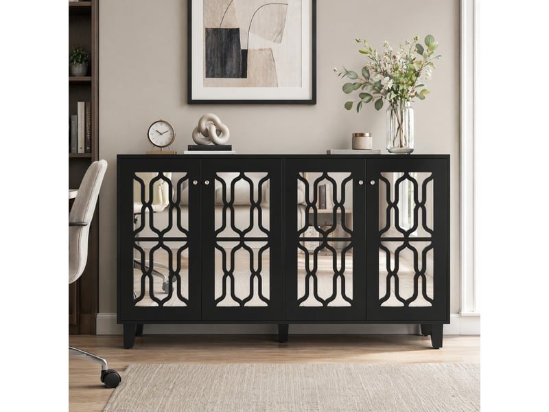 Buffet 4 portes avec façade miroir et 2 étagères réglables pour salon en mdf 160×40×84 cm noir  - Conforama B