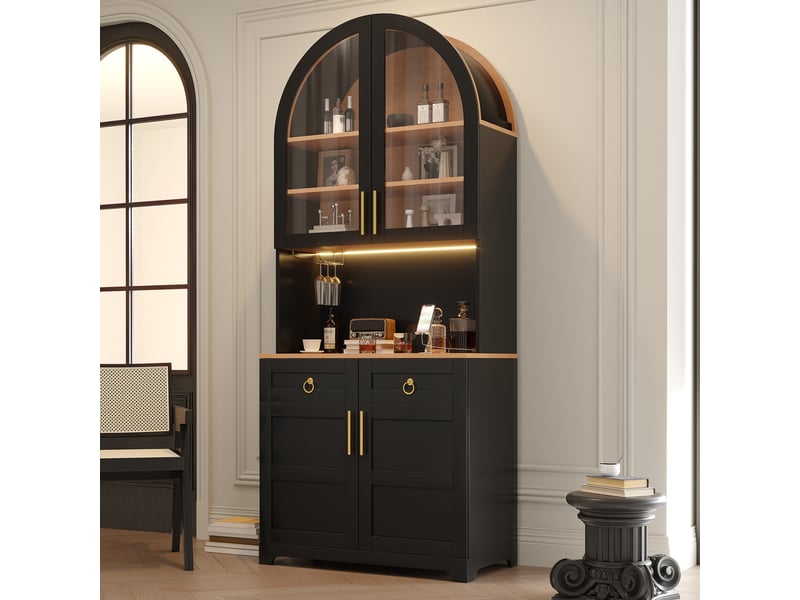  Buffet haut vitrine noir 80x40x180 cm avec led réglable par appli, prises et ports usb, 2 portes vitrées, 2 tiroirs et niche ouverte en arche  - Conforama B