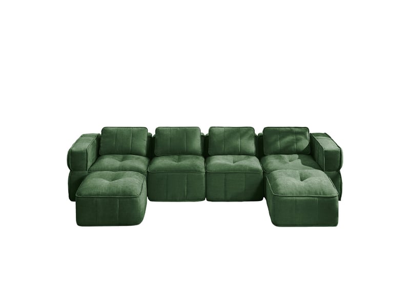 Sofa modulaire 4 places en u, 2 poufs, mousse 32d, assise profonde, tissu agréable, antidérapant, 344×162×67 cm, vert - Conforama A