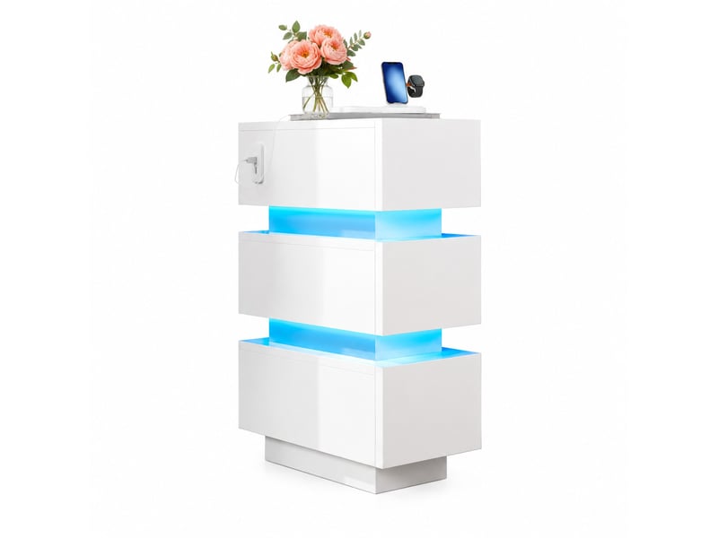  Lot de 2 tables de chevet étroites 20x40x59,5 cm, 3 tiroirs, led usb type-c, panneaux de particules, blanc  - Conforama A