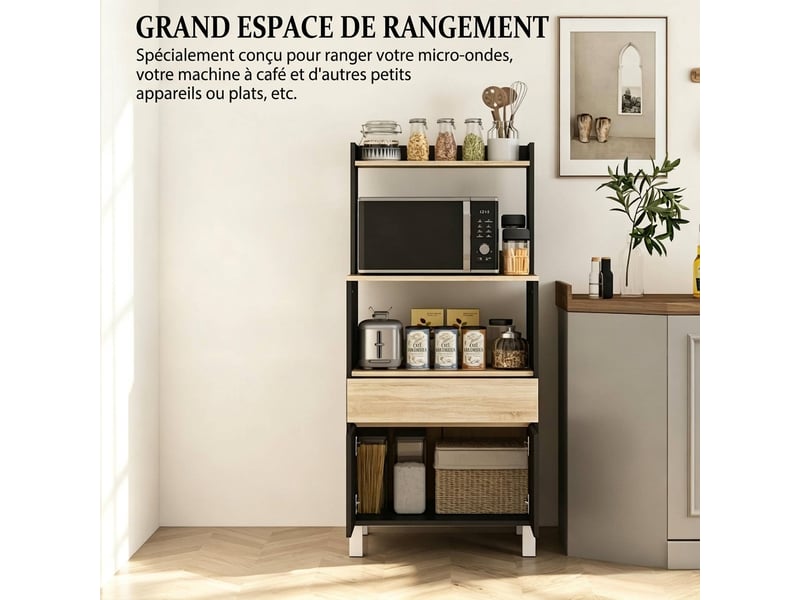  Buffet de cuisine noir 60 cm avec tiroir et étagère, meuble micro-ondes  - Conforama E