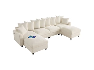Canapé d'angle modulable 6 places en tissu chenille beige avec ports usbtype-c