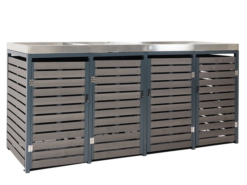  Cache poubelles 4 bacs avec jardinière intégrée et système basculant 124x265x84 cm wpc anthracite acier inoxydable 04_0007558  - Conforama E