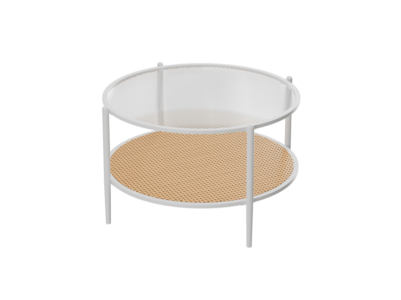  Table basse bohème moderne 2 niveaux rotin, plateau verre trempé ondulé, cadre métal robuste, étagère rangement salon bureau ,blanc PHK_346T83PK - Conforama A