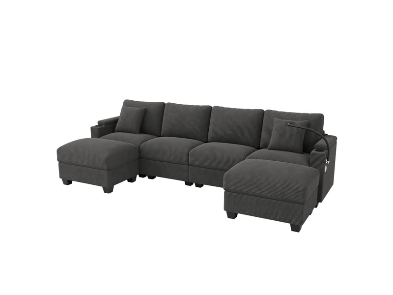  Canapé modulable convertible en u 6 places gris en velours côtelé avec repose-pieds  - Conforama A