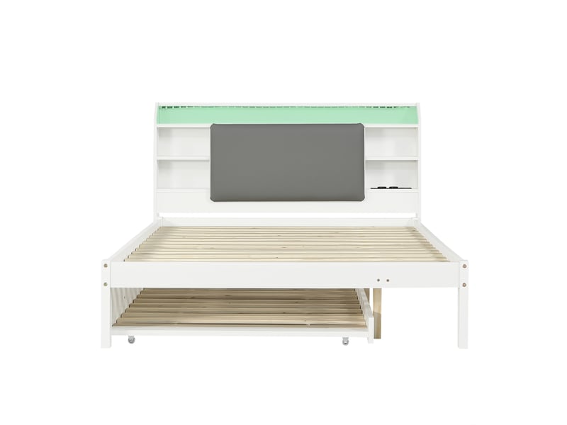  Lit gigogne 120x200 cm, lit enfant, couchage gigogne extensible, étagères, led, tête de lit rembourrée, bois blanc  - Conforama B