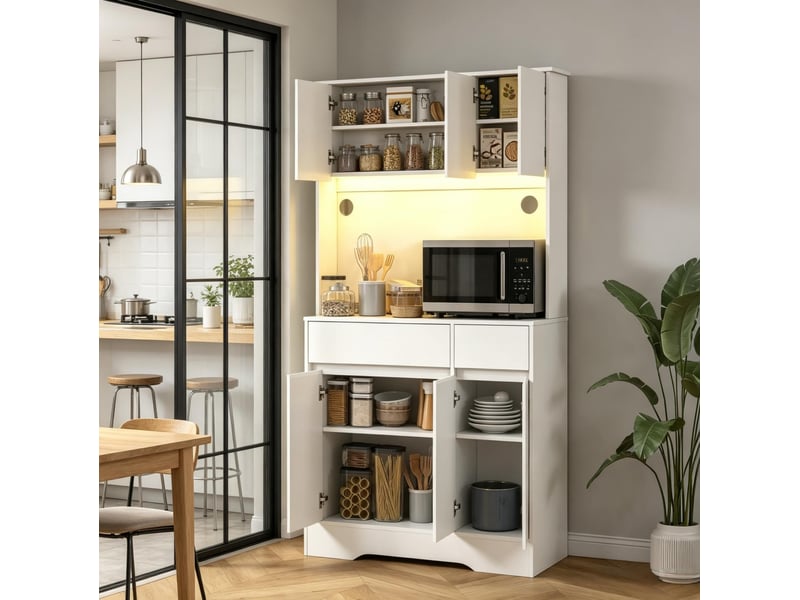  Buffet de cuisine haut 100x38x180 cm 6 portes 2 tiroirs mdf panneau de particules blanc  - Conforama C
