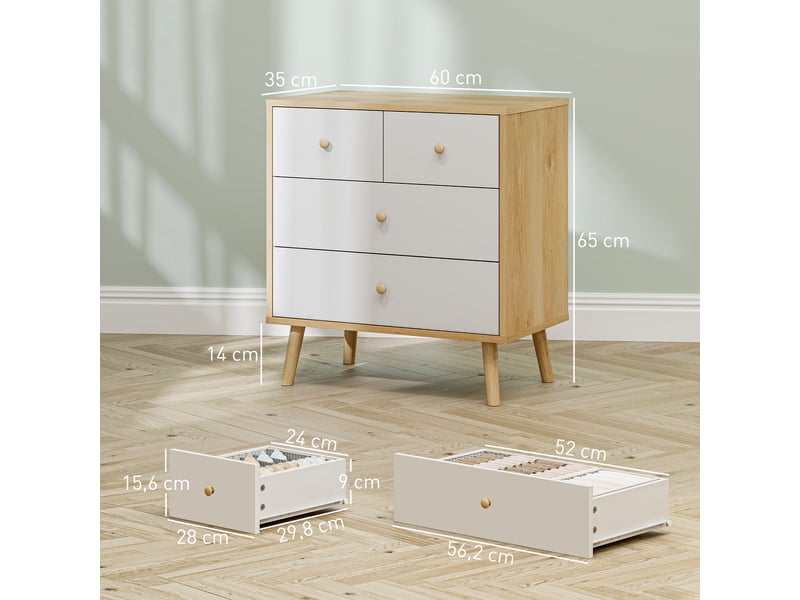  Commode à 4 tiroirs, finition élégante et grand espace de rangement, 60 x 35 x 65 cm, chêne et blanc  - Conforama E