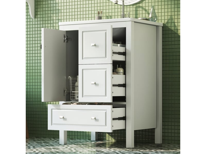  Meuble salle de bain sur pied 62 cm avec vasque céramique blanc 3 tiroirs 1 porte  - Conforama D