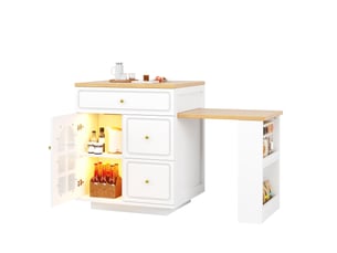 Îlot de cuisine extensible avec 4 tiroirs, niche vitrée et led rgb pour cuisine, salle à manger et bar blanc