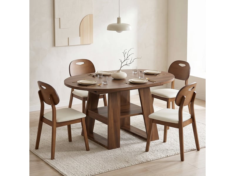  Ensemble de salle à manger moderne 4 à 6 personnes – table ronde extensible 110/150 x 110 cm avec étagères + 4 chaises rembourrées à dossier ovale – coloris noyer  - Conforama R