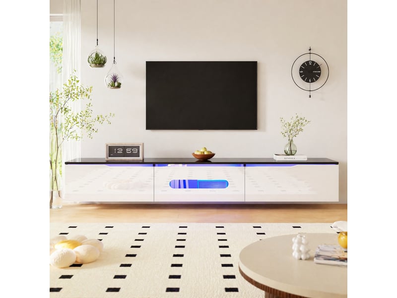  Meuble tv 180x35x30 cm avec led 16 couleurs contrôlée par application, mdf noir et blanc  - Conforama C