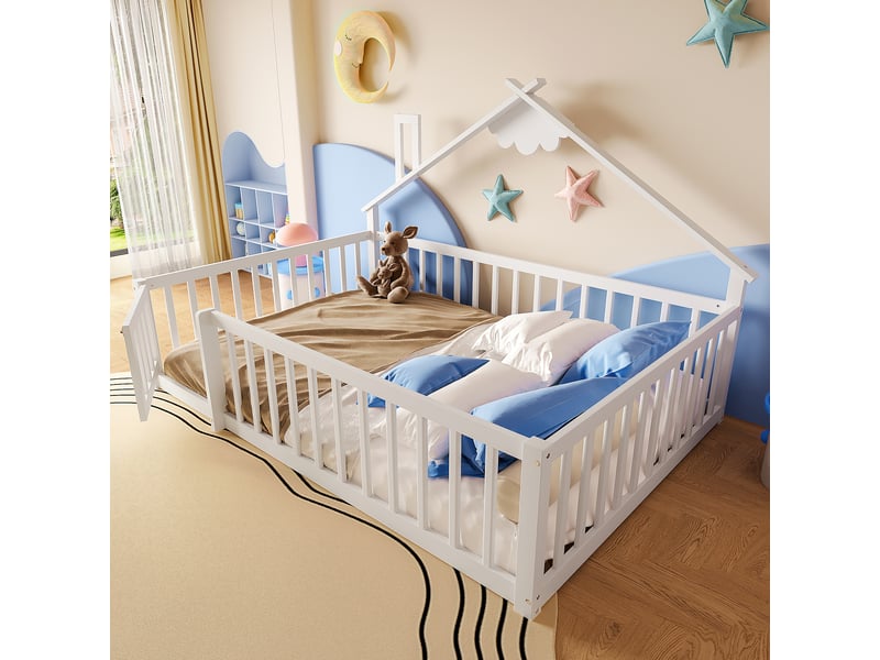  Lit enfant 140x190 cm - lit avec barrières de sécurité et design maison - bois de pin et mdf - sans matelas - blanc  - Conforama C