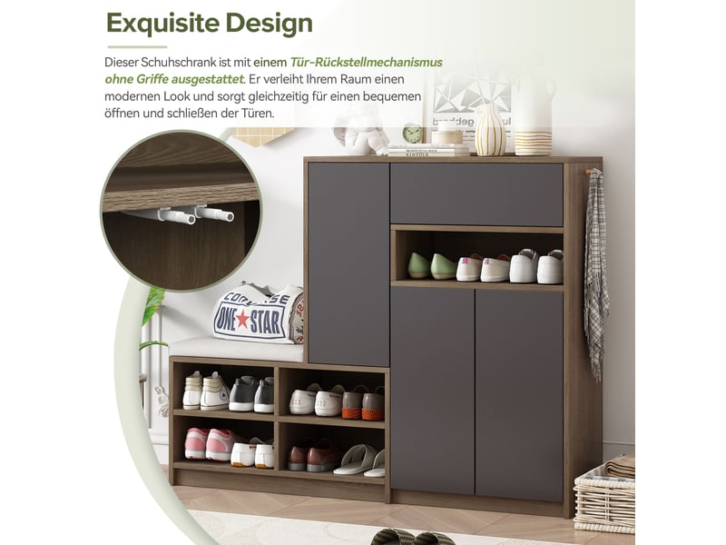  Meuble à chaussures 140x35x110 cm avec siège rembourré et étagères réglables, armoire de rangement gris pour entrée  - Conforama D