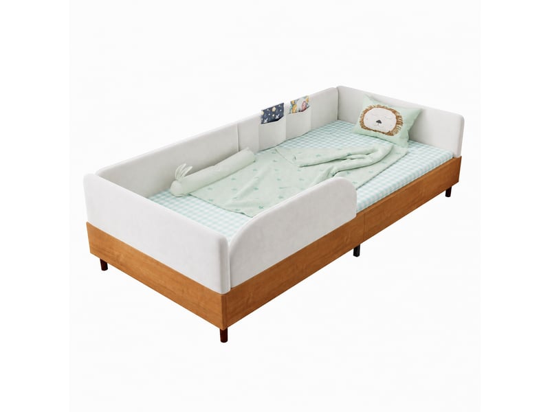  Lit enfant 90×200 cm avec barrière et 2 poches de rangement  - sans matelas, velours et bois - blanc  - Conforama A