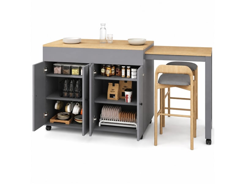  Table de bar extensible avec rangement 6 niches - lpospi - plateau coulissant, roulettes fixes, mdf gris 117 × 50 × 94,6 cm  - Conforama A