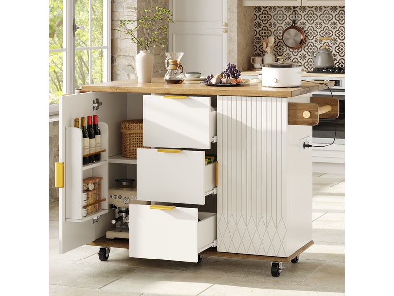  Desserte de cuisine sur roulettes avec prise électrique plan de travail rabattable îlot central mobile blanc et bois 134 cm  - Conforama D