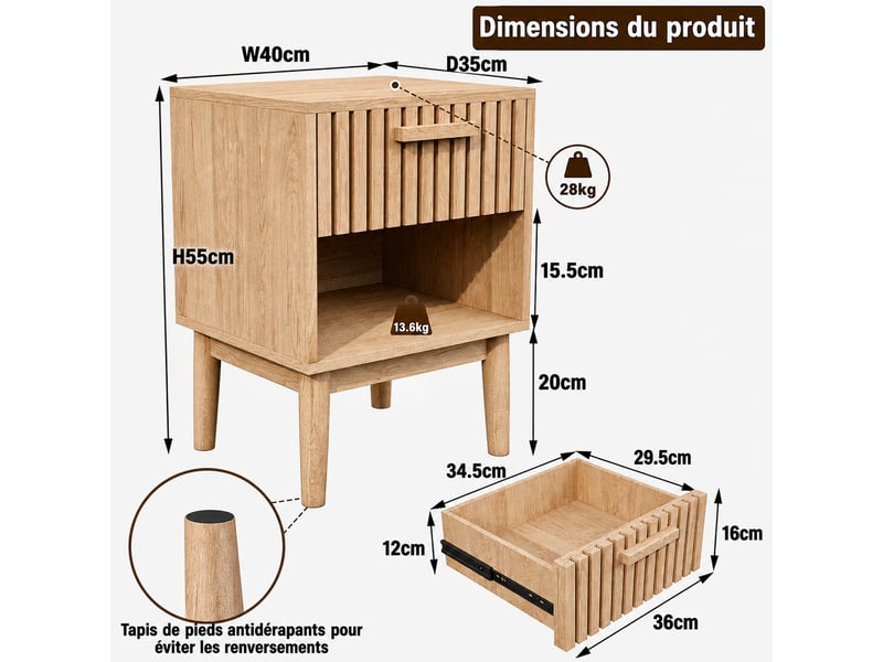  Lot de 2 table à chevet bois-1 tiroir et compartiment-bois massif - table d'appoint - 40 x 35 x 55 cm  - Conforama D