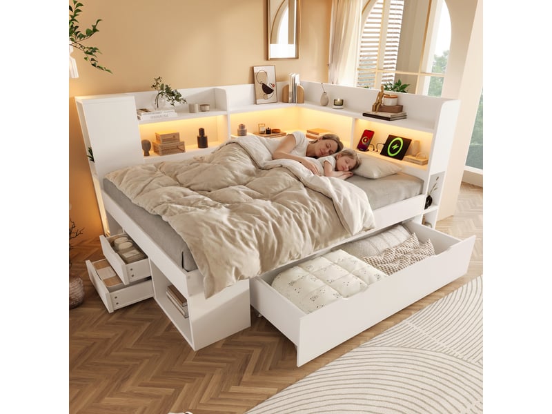  Lit adulte 2 places 140x200 cm bois blanc - éclairage led - usbtype-c - avec rangement  - Conforama E
