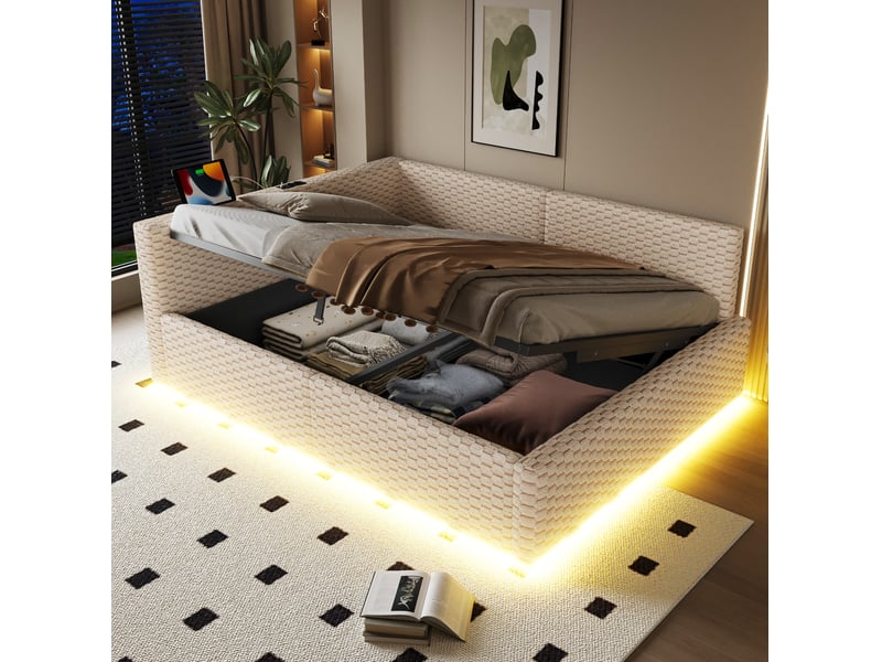  Lit coffre 140 x 200 cm beige en velours avec led, 2 usb et port type-c  - Conforama D