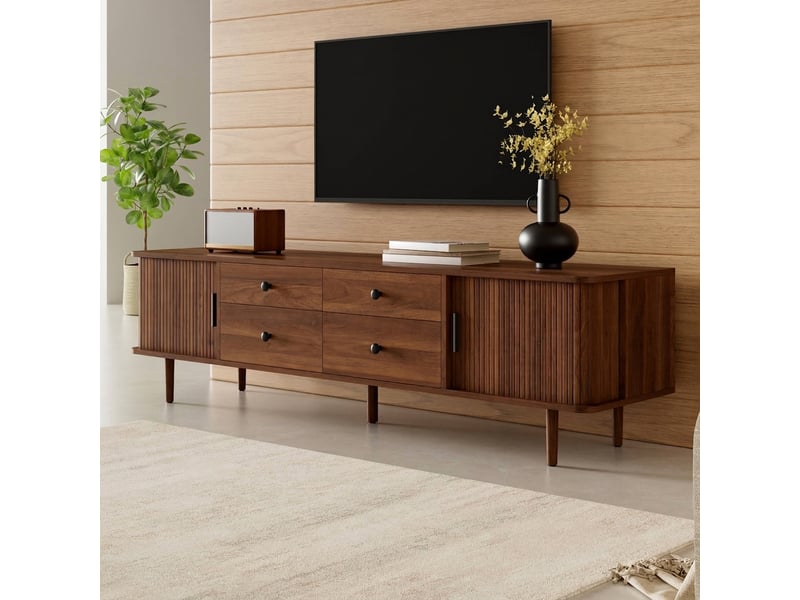 Meuble tv 165 cm mdf avec 4 tiroirs et 2 portes coulissantes, coins arrondis, couleur bois - Conforama C