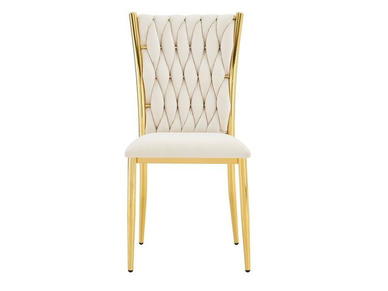  Chaise de salle à manger en velours beige à dossier tressé et pieds en métal doré  - Conforama A
