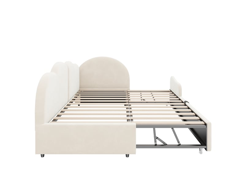  Lit canapé gigogne en l velours beige 90x200 + 90x190 cm, tête de lit nuage  - Conforama E