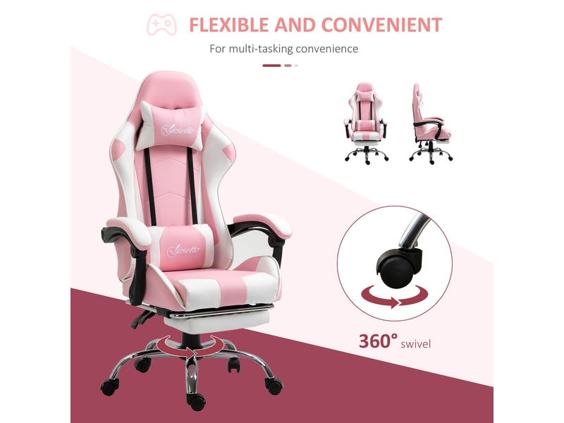  Chaise gaming ergonomique rose et blanche, réglable en hauteur, pivotante à 360°, avec appui-tête et coussin lombaire  - Conforama R