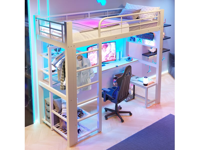  Lit mezzanine modenvie 90 x 200 cm en métal avec bureau, led, rangements et barre de penderie, blanc  - Conforama E