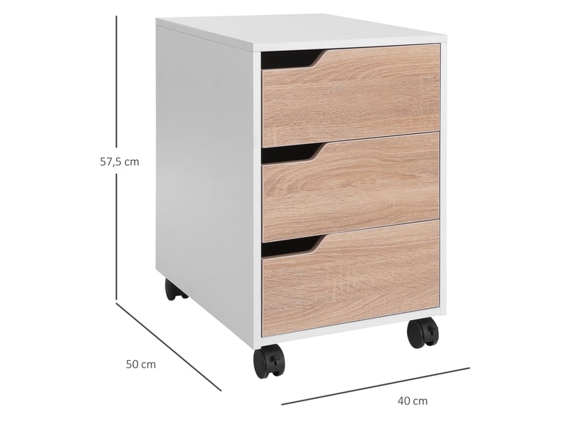  Caisson de bureau à roulettes, classeur à 3 tiroirs, meuble de rangement pour bureauétude, 40 x 50 x 57,5 cm, chêne et blanc  - Conforama E