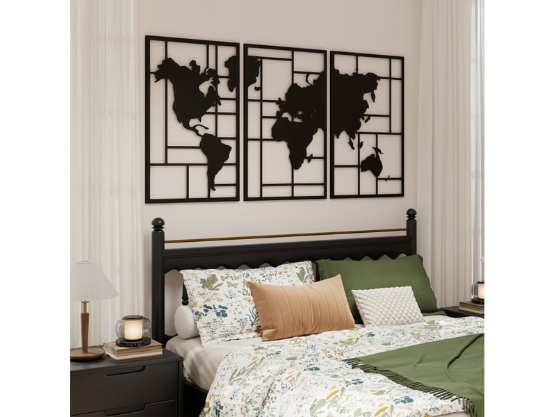  Décoration murale en métal 3 pièces 150 x 80 cm noire, carte du monde avec crochets préinstallés pour intérieur  - Conforama D