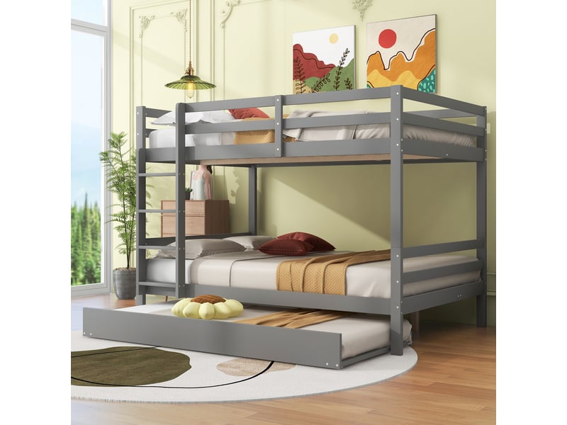 Lit superposé avec lit gigogne et escalier de rangement, lit enfant 140x200 cm en bois massif avec barrières de sécurité, gris.  - Conforama E