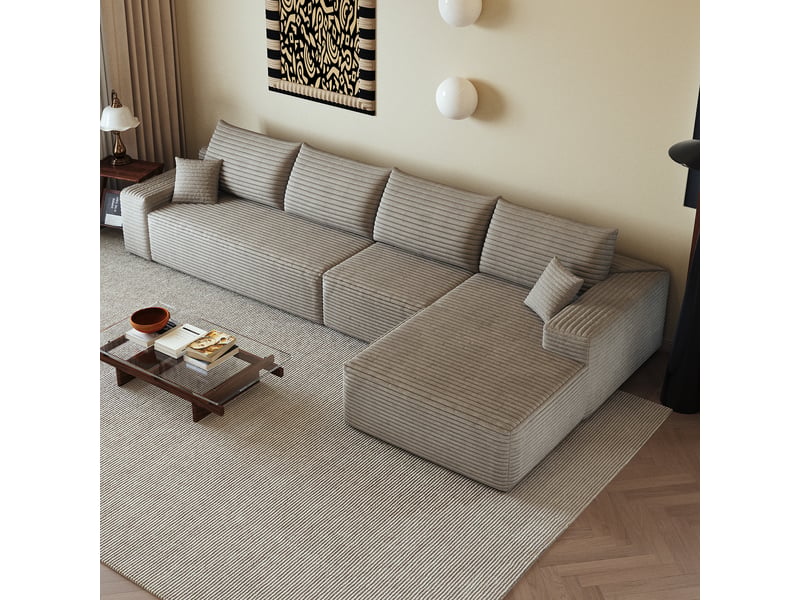  Canapé d'angle modulable 4 places en velours côtelé camel, 340 x 175 x 83 cm, méridienne droite, sans montage, livré compressé, assise profonde CARDUME ESTIVAL - Conforama B