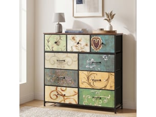 Commode meuble de rangement, 100x30x100 cm, 9 tiroirs en tissu, cadre en métal et plateau en bois, style vintage, multicolore