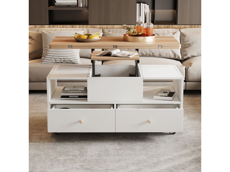 Table basse relevable et extensible en bois et blanc, table basse avec 4 tiroirs sur roulettes, 100x50x47.5cm - Conforama B