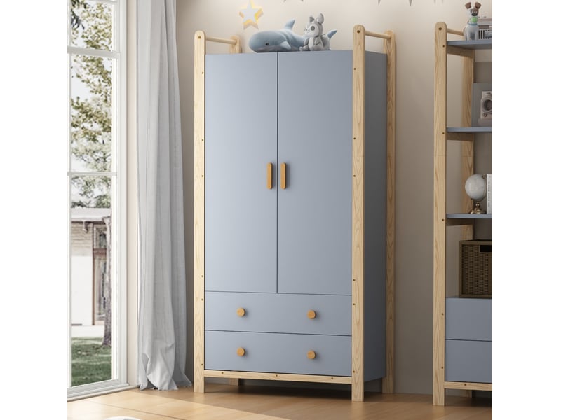 Armoire 2 portes avec penderie et 2 tiroirs pour chambre, en panneaux de particules et pin, bleu naturel, 89,6 × 44 × 180,5 cm - Conforama C