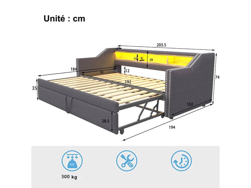  Lit banquette extensible, lit simple ou double avec 3 niches, led et usb, 90x190 et 180x190 cm, sans matelas  - Conforama D