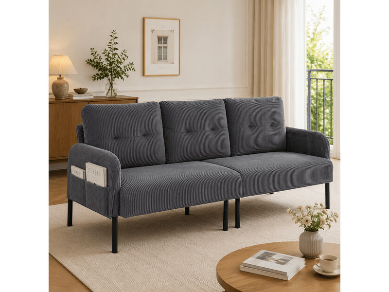  Canapé 3 places 171 x 72 x 80 cm, assise rembourrée, dossier haut, poches latérales, pieds en métal, velours côtelé, gris Seren Glow - Conforama B