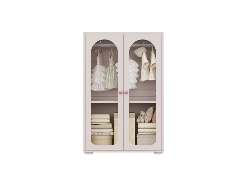  Armoire enfant 2 portes 80x50x120 cm mdf rose bébé laqué, poignées en céramique, portes transparentes avec tringle  - Conforama A