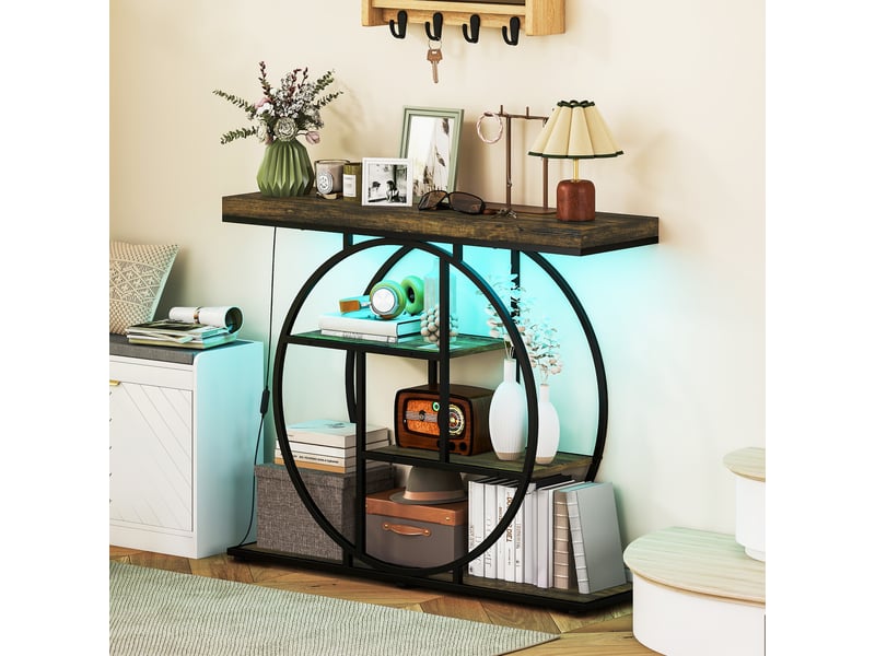  Console avec éclairage led 100 cm, table console à 4 niveaux avec étagères ouvertes, marron rustique et noir  - Conforama D
