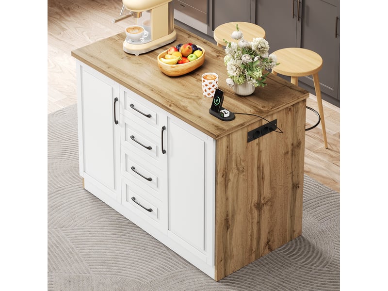  Desserte de cuisine avec 4 tiroirs, rangement fermé, étagères réglables et prises intégrées, 120 × 60 × 90 cm  - Conforama B