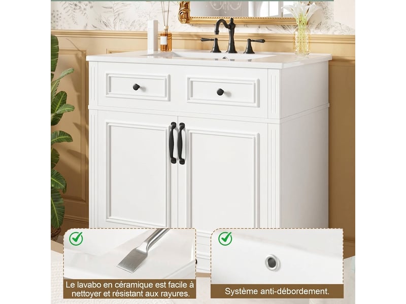  Meuble salle de bain sur pied 77 cm vasque en céramique intégrée meuble vasque blanc  - Conforama C