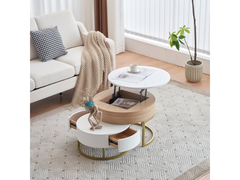  Lot de 2 tables basses rondes 70x70x42-56,5 cm + 60x60x27 cm relevables, blanc et bois  - Conforama W