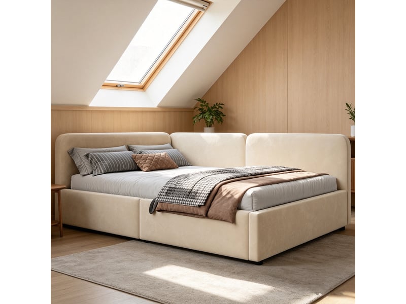  Lit banquette double 140×200 cm coffre hydraulique et tête de lit réversible  - sans matelas, velours beige  - Conforama C