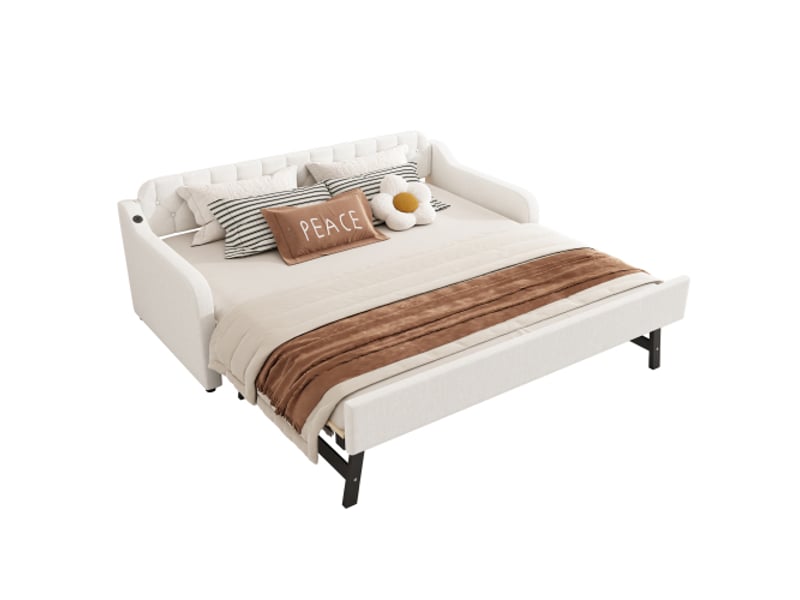 Lit gigogne 90x200 cm, avec lit escamotable et port usb, en tissu, beige, sans matelas  - Conforama A