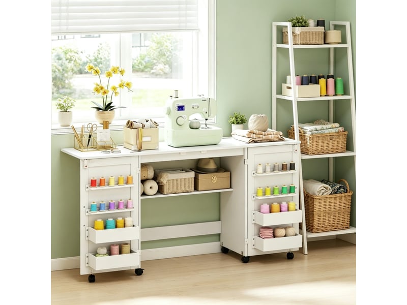  Table de couture pliante - 160x40x81,5cm - bureau meuble de couture à roulettes avec 4 bacs &amp; 20 porte-bobines - blanc  - Conforama C