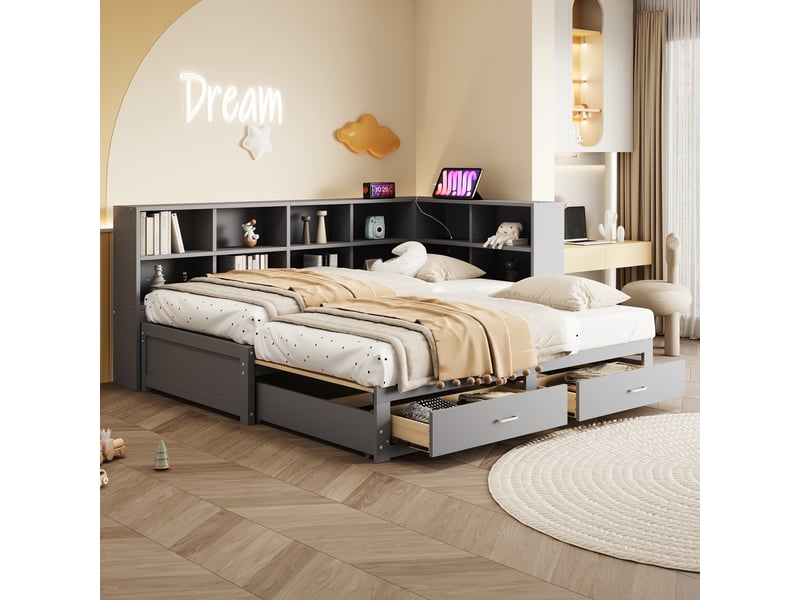  Lit banquette en bois massif 180 x 190cm, lit gigogne, tiroirs, tiroir, prises intégrées, sommier à lattes, meuble gain de place, gris ABC - Conforama E
