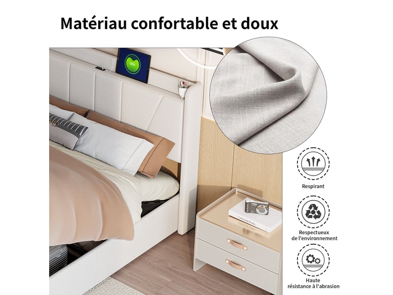 Lit coffre 160x200cm - lit double 160x200 - rembourré en lin avec tête de lit rangement et usbtype-c - beige - Conforama D